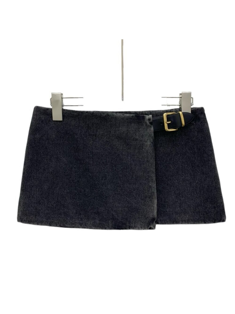 Miu Miu Black Washed Distressed Cotton Buckle Mini Skirt (2023 Collection)